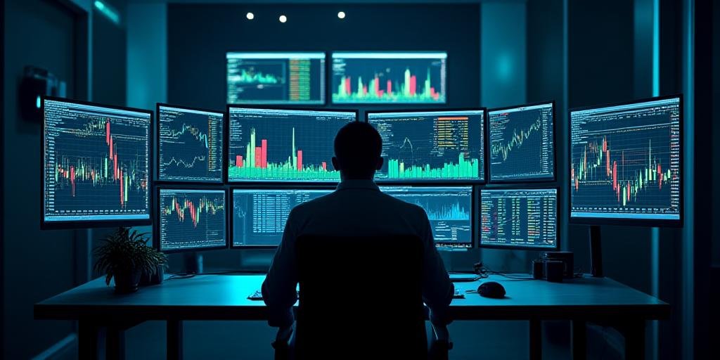 Professional multi-monitor trading workstation showing financial charts